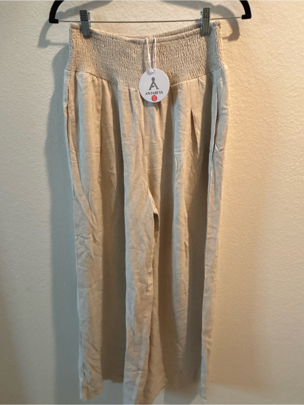 Smocked Waist Wide Leg Pants | Beige | Medium | NEW WITH TAGS